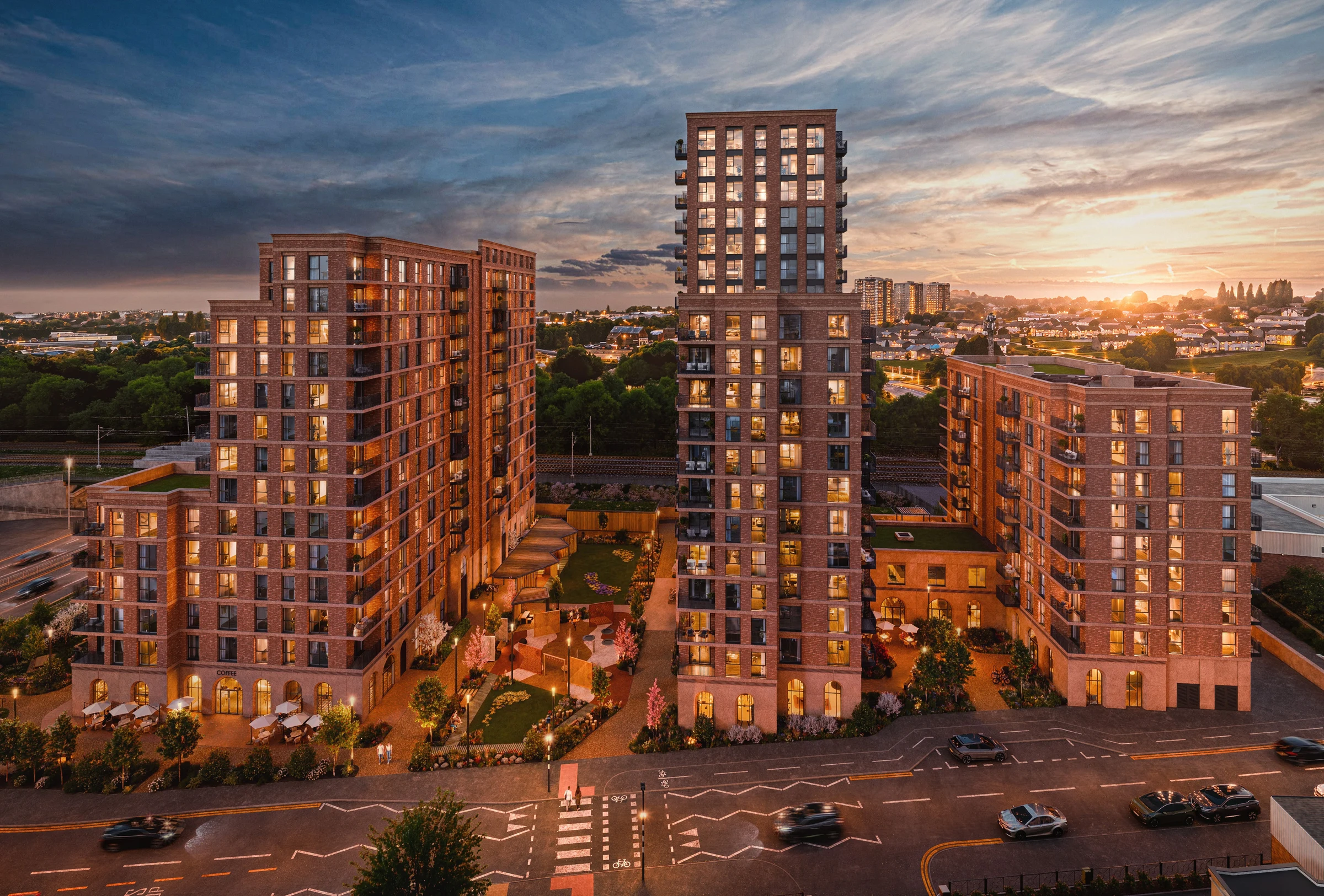 Street-level CGI of Wellington Works at dusk on Wellington Road, Leeds